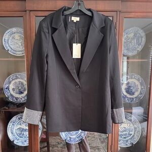 Elan Black Single-Button Blazer with Checked Cuff Accent